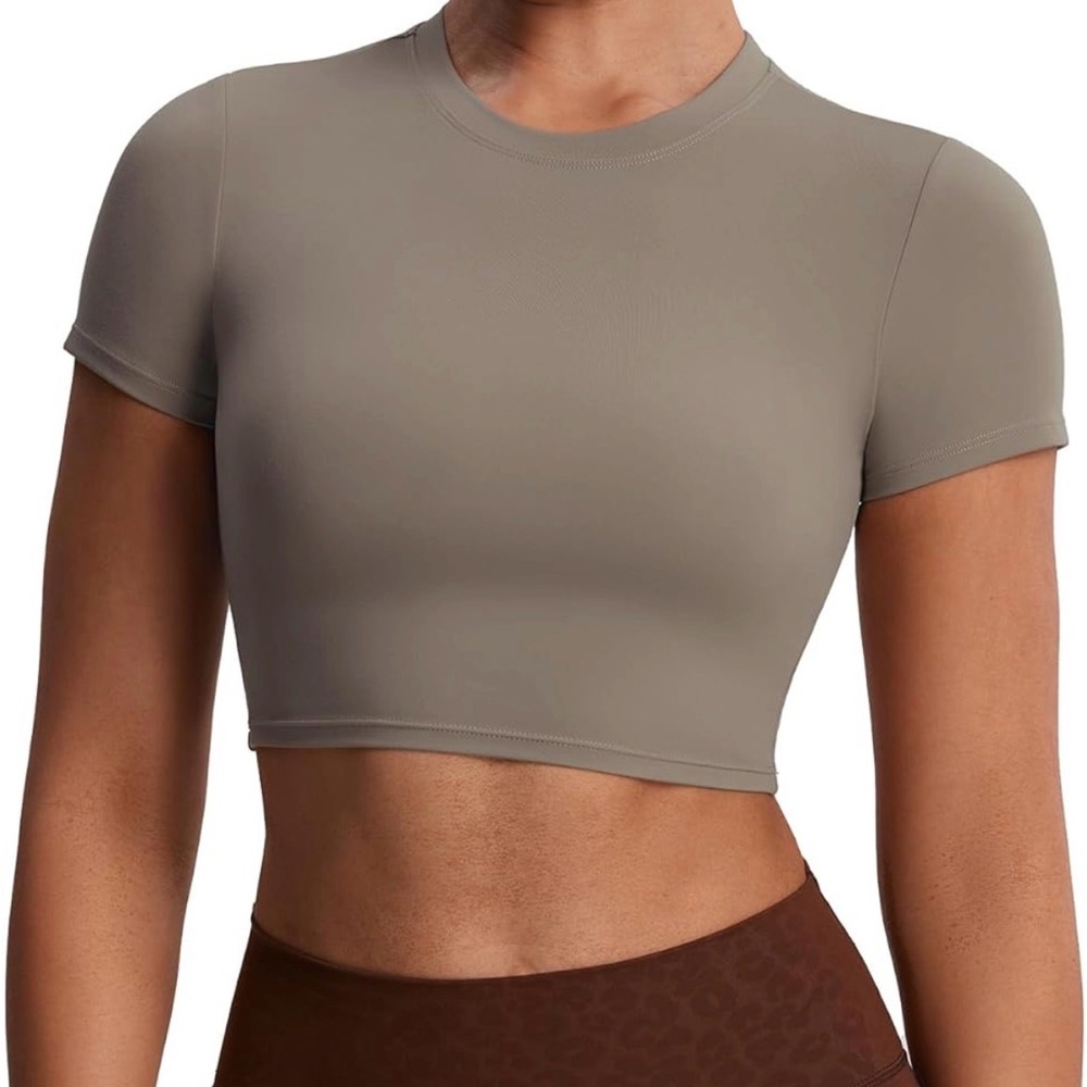 AOXJOX crop work out top shirt size small tan brown driftwood